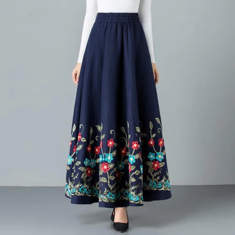 Mom elegant Embroidered Maxi pleated skirt Women Plus Size Winter Warm Woolen Long Skirt Lady High Waist Casual Wool Office saia black maxi skirt