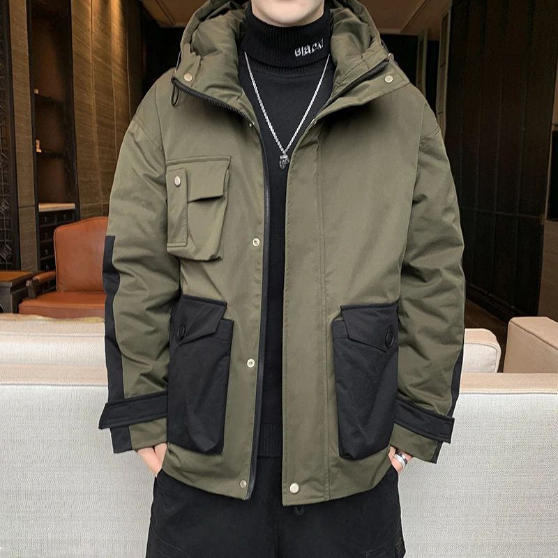 

Мужской Молодежный пуховик, теплый пуховик на белом утином пуху с капюшоном, Мужская модная зимняя куртка в стиле пэчворк, Мужская Уличная одежда в стиле хип-хоп