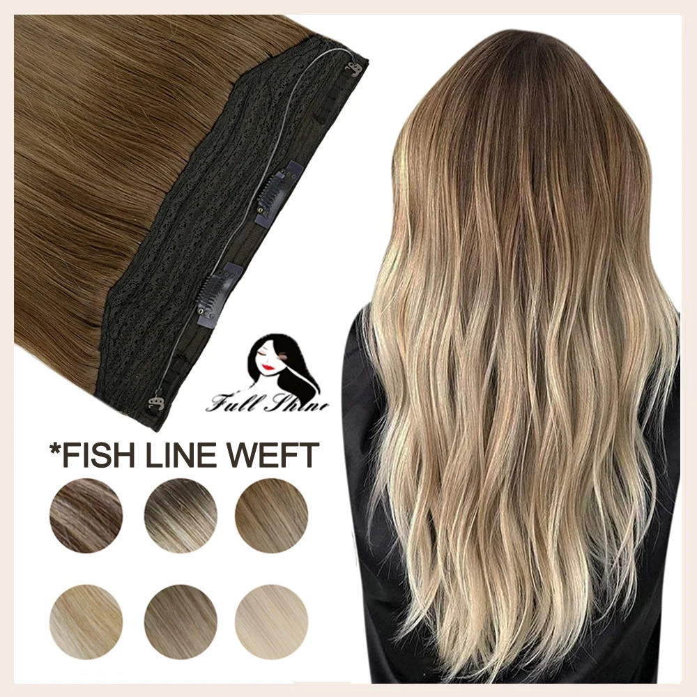Cabello humano Natural Remy, línea de pescado brillante, una pieza, corona, Halo, Clips, Color degradado, 100%, Invisible, alambre de pescado