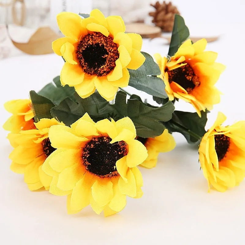 5PCS Autumn Decor Artificial Flowers 7 Heads Yellow Sunflower Silk Flowers Bouquet For Home Decoration Office Party Garden Decor