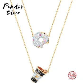 

PANDOO Fashion Charm Pure 925 Silver Original 1:1 Copy, Donut Coffee Pattern Fun Full Necklace Female Luxury Jewelry Gifts
