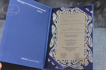 

Free Shipping HI2026 Custom Dark Blue Silk Wedding Card with Silver Mirror Invitation Factory Outlet Price Made in China
