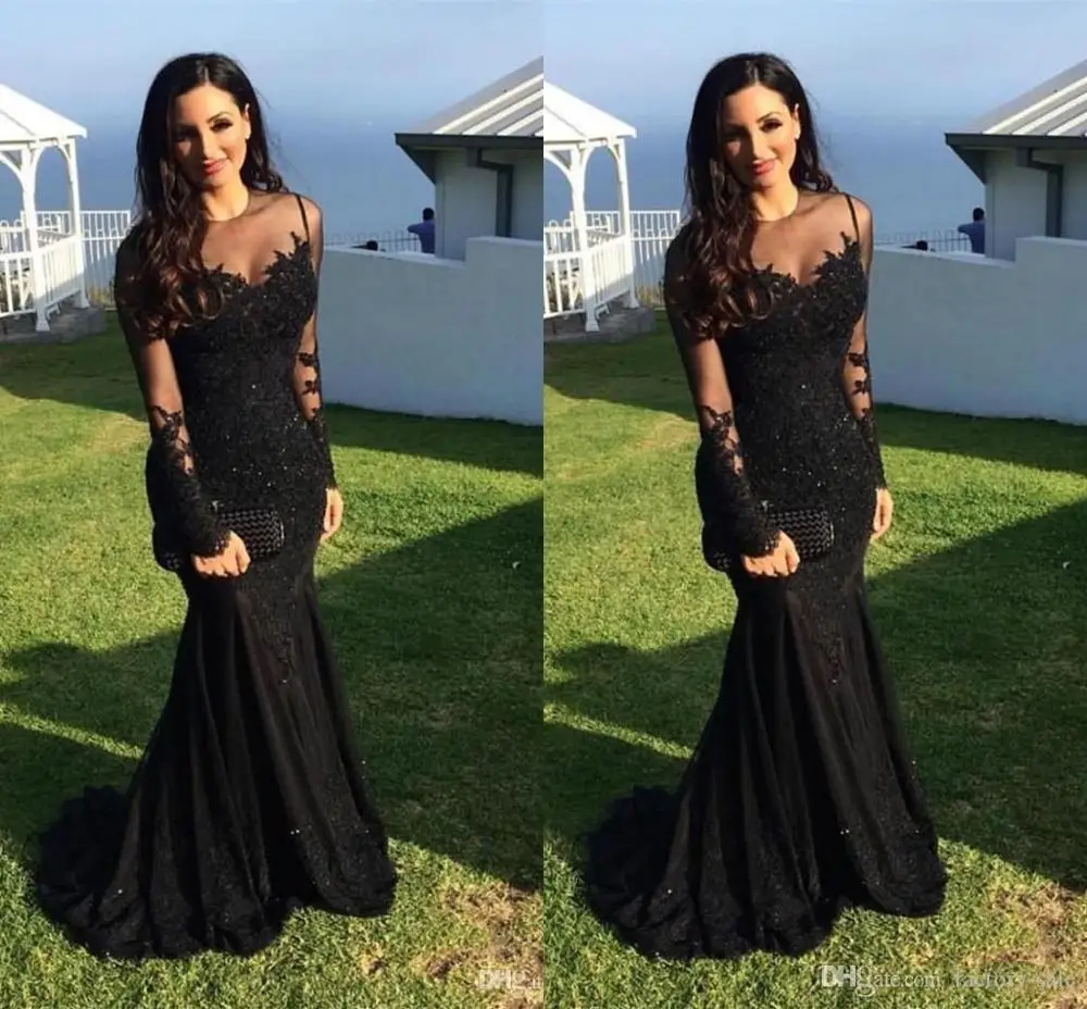 Robe de soiree черное элегантное вечернее платье с кружевной аппликацией платья с длинными рукавами с бусинами Вечерние платья Вечернее платье - Цвет: Черный