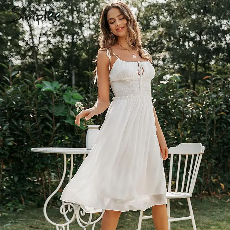 Simplee шифоновое белое платье без рукавов с глубоким v-образным вырезом, с открытой спиной, с рюшами, летнее платье, повседневное, Дамское, шикарное, однотонное, праздничное платье