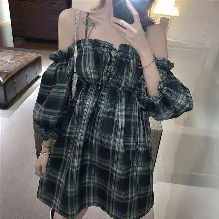 Fashion Dress Women Plaid Slash Neck Summer Mini Sweet Sexy Empire Off Shoulder Korean Style Loose Cozy Street Female Students mini dress