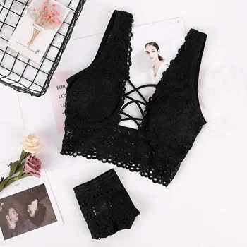 

Sexy Lace Cross Belt Hollow Bra Lingerie Bra Set Intimates Underwear Set Lace Push Up Wire Free Bra and Panty Set