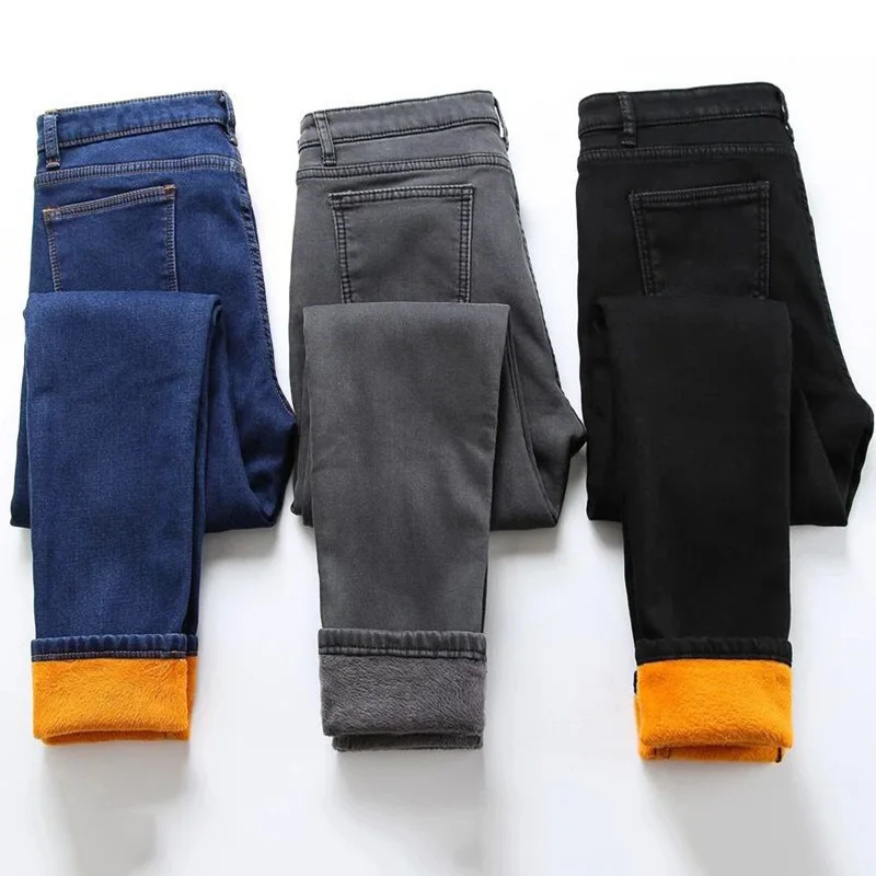 

Women's Winter Warm Fleece Jeans Fashion High Elastic Waist Skinny Stretch Denim Pencil Pants Plus Size Female Buttons Trousers