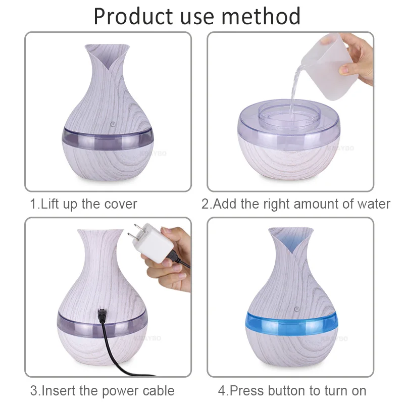 300ml Aroma Essential Oil Diffuser Ultrasonic Air Humidifier with white Wood Grain 7 Color Changing LED Lights for Living Room