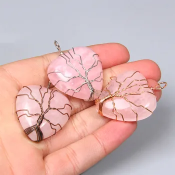 

1pc Natural rose pink quartz crystal stone heart pendants women love gifts jewelry making Tree of Life pendants necklace diy
