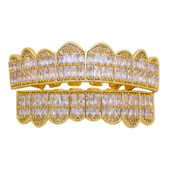 

Gold Hip Hop Teeth Grillz Micro Pave Cubic Zircon Mouth Caps Top&Bottom Vampire Teeth Grills Set Holleween Gift