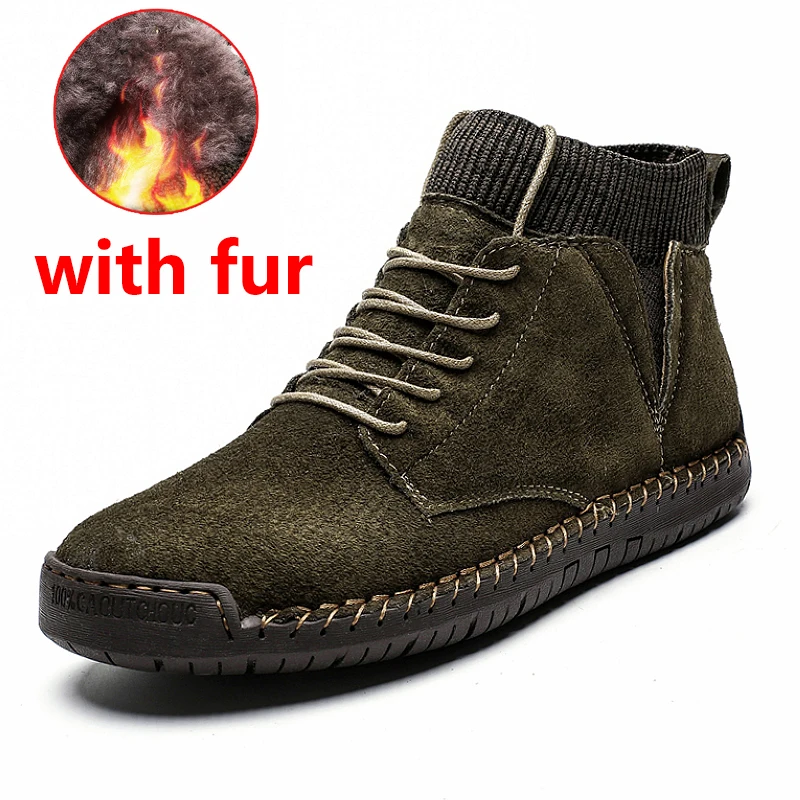 green with fur JINTOHO/мужские кожаные ботильоны большого размера; модная мужская обувь из натуральной кожи; Брендовые мужские ботинки; теплые зимние ботинки; зимние ботинки для работы - Цвет: green with fur