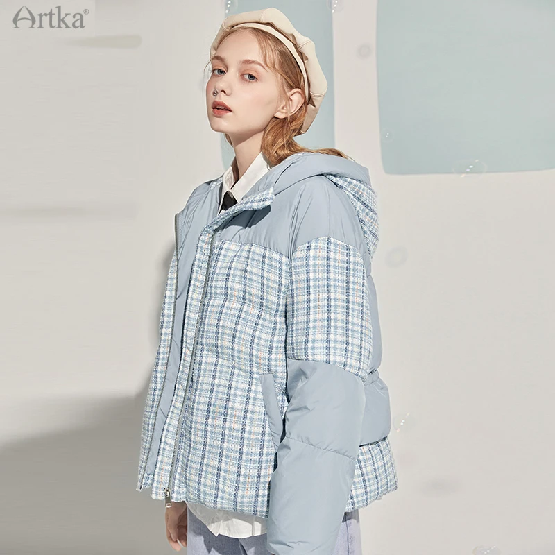 

ARTKA 2020 Winter New Women Down Jacket Elegant Plaid Woolen Patchwork 90% White Duck Down Coat Warm Hooded Down Jacket DK20202D