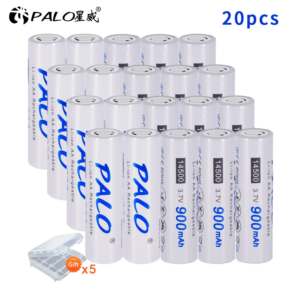 20pcs PALO 14500 батарея 900mAh 3,7 V литий-ионная аккумуляторная батарея AA батарея литиевая батарея для светодиодных фонарей Налобные фонарики игрушки верхняя голова - Цвет: 20pcs