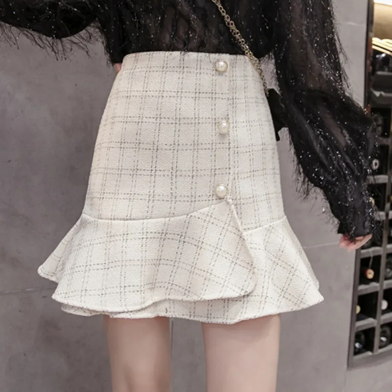 

Korean Edition New Pattern Fashion Tweed Fishtail Skirt Autumn Winter Women lattice Irregularity Lotus leaf Edge Short Skirt