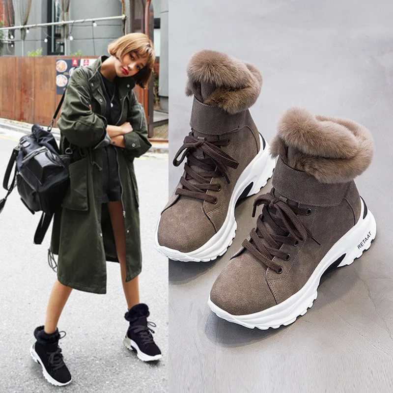 

2020 Winter Shoes Rabbit Fur Warm Ankle Boots For Women Shoes Lace Up High Heel Booties Solid Cow Suede Snow Boots Woman M4-53