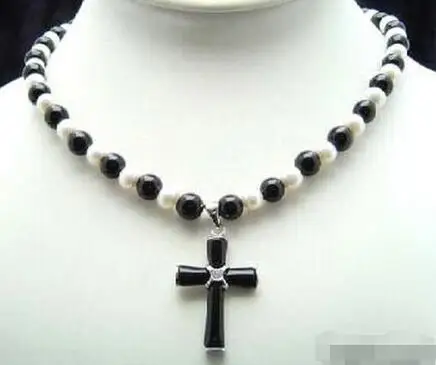 

Genuine White Pearl Black stone 18KWGP Crystal Cross Pendant Necklace