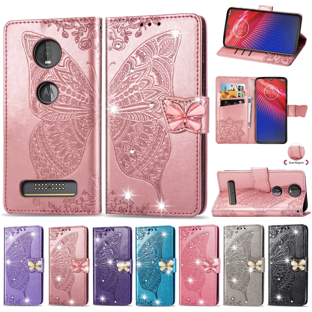 Роскошный чехол с тиснением из искусственной кожи чехол для Motorola MOTO Z4 E6 E6 Plus G7 Z4 PLAY Чехол-книжка с бабочкой чехол для телефона