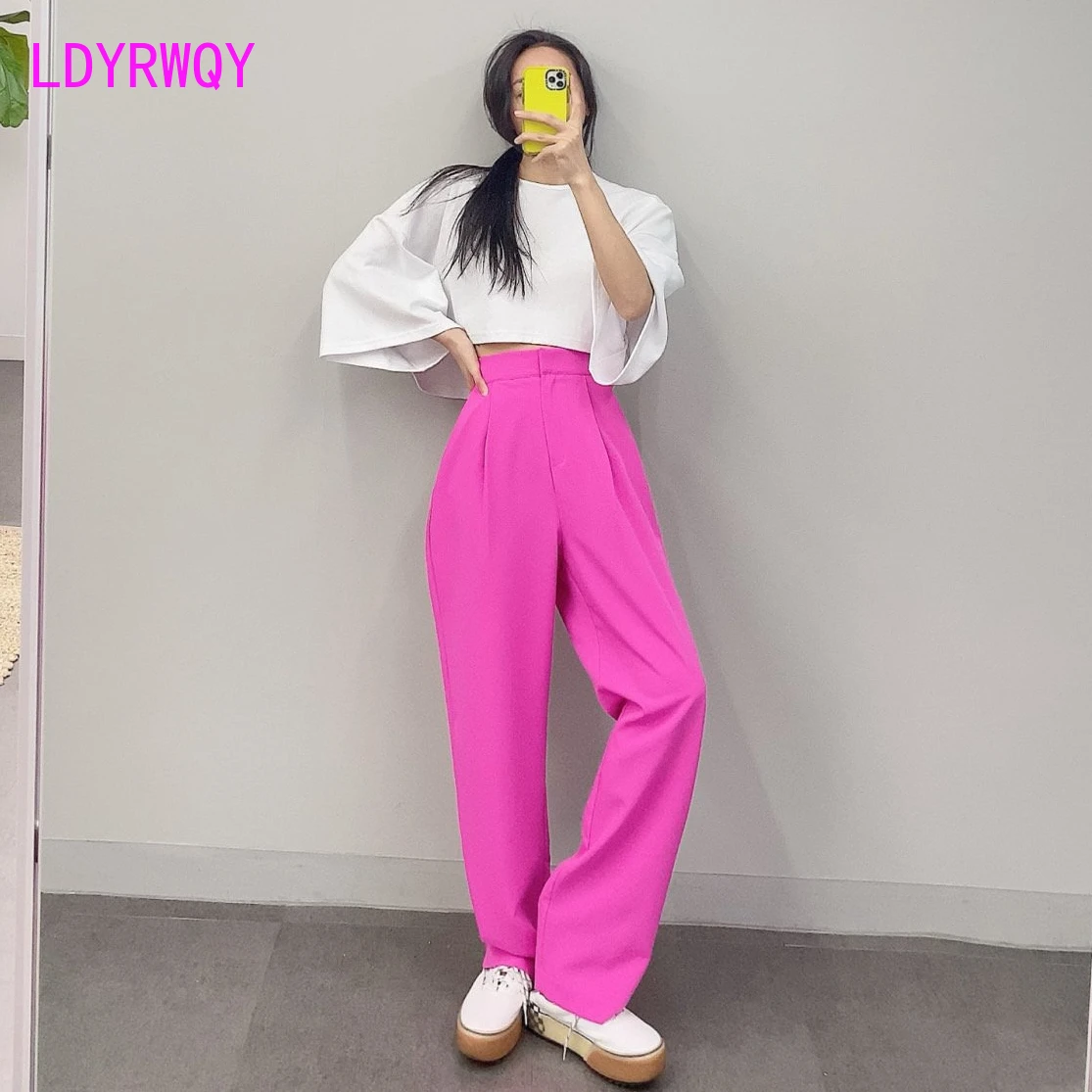 

Korea 20202 color design sense high waist loose wide leg casual pants Office Lady Cotton Elastic Waist Print