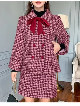 

CHICATWILL Runway Designer Women Tweed Set Vintage Red Bowtie Plaid Tweed Jackets Skirt Ladies Suit for Winter Autumn