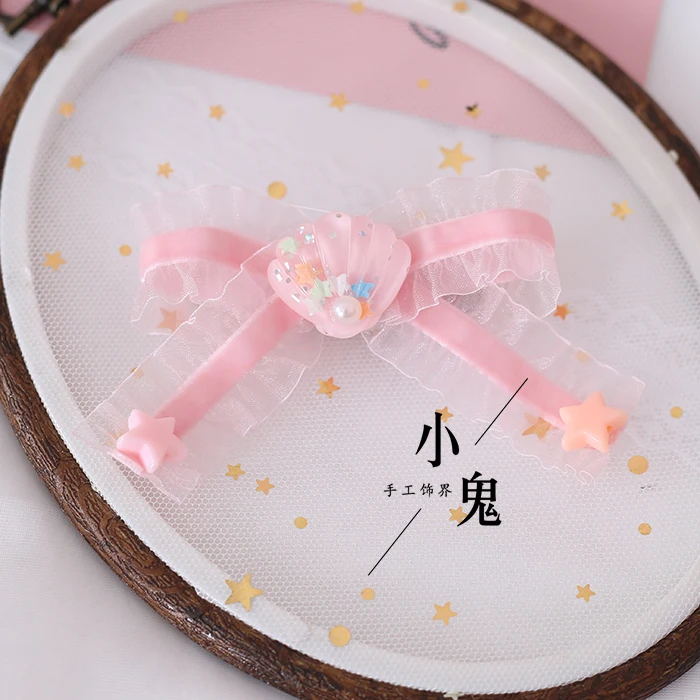 Kawaii Hand made shell Star Bowknot заколка для волос Лолита девушка боковой зажим подростковое украшение для волос в виде сердца японские аксессуары для волос - Цвет: Pink