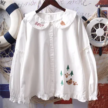 

Sweet Japanese 2019 Autumn Women Kawaii White Long Sleeve Blouse Cute Bear Embroidery Doll Collar Lantern sleeve Student Shirt