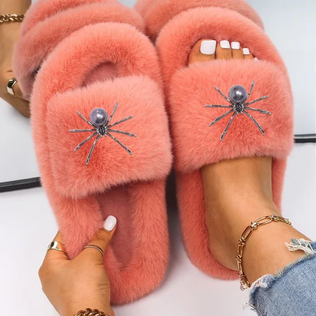 Udvidelse Higgins Integral Women Slippers Furry Slides Faux Fur Sandals Ladies Cute Spider Pearl Decor  Fluffy Slippers Flip Flops Female Flat Shoes New - Women's Slippers -  AliExpress