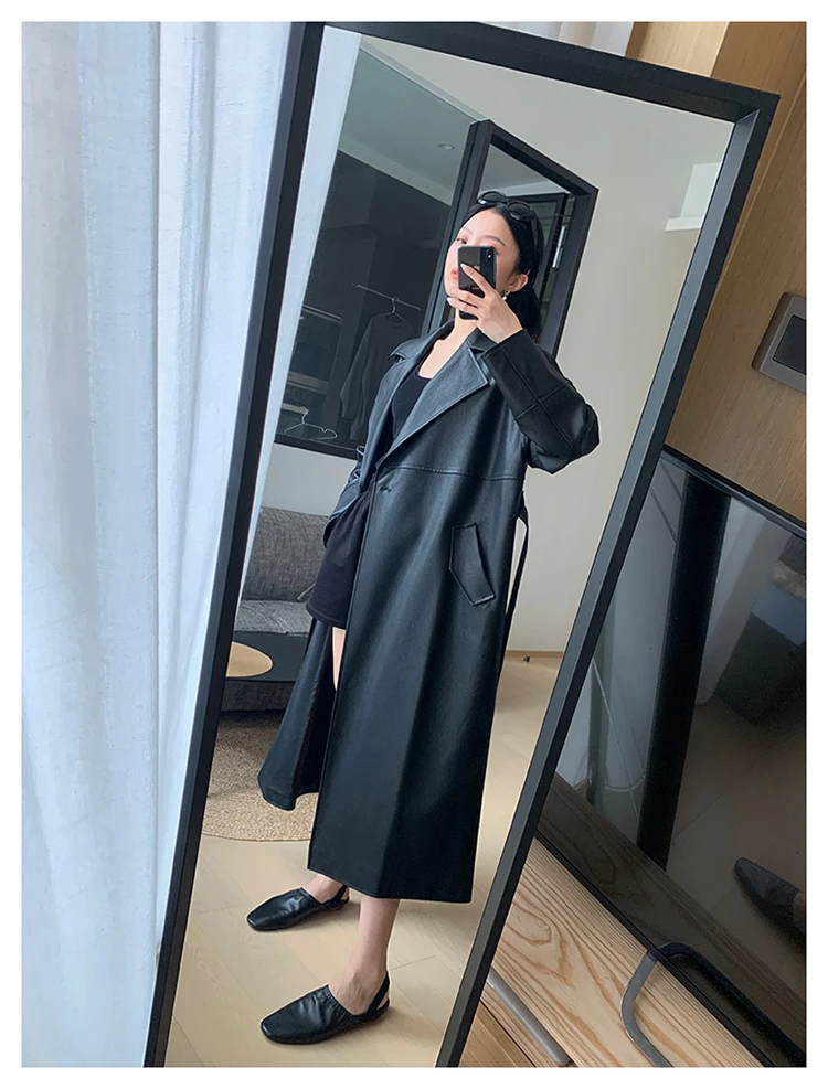 Lautaro Spring Autumn Long Oversized Black Leather Trench Coat for Women Sashes Single Button Loose Stylish Korean Fashion 2021 black parka