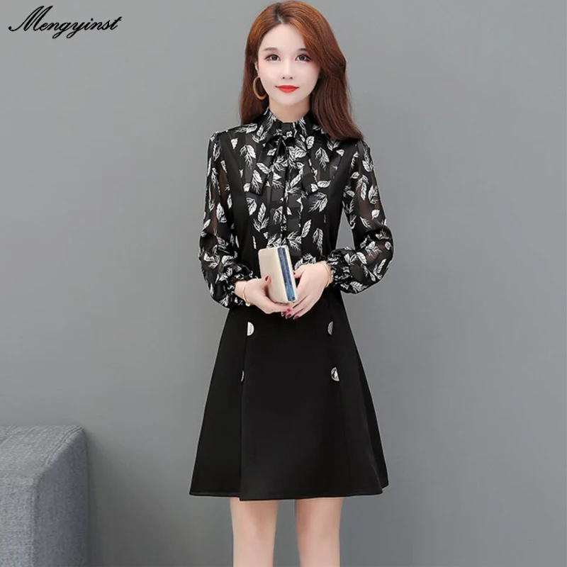 

Elegant Leaves Print Long Sleeve Dress For Women 2020 Spring Female Chiffon Bow Collar Fake Two-piece Suit OL Work Wear Dresses