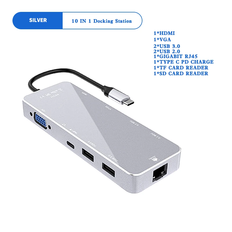 11 IN 1 HUB USB C HUB Type C To HDMI VGA RJ45 Multi Port Docking Station With 3.5mm Headphone Jack PD Charge 11 10 Port USB HUB - Цвет: 10 IN 1 Silver