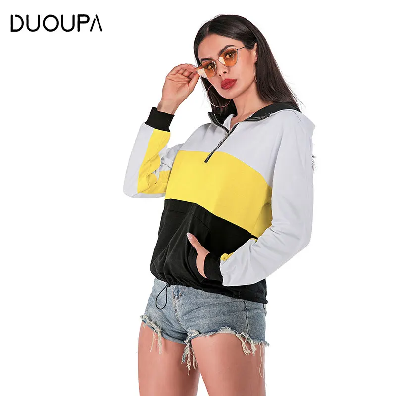

2019 New Trend Women's Autumn And Winter Fashion Hooded Contrast Long-sleeved Loose Pullover Women's Head Stitching Elements