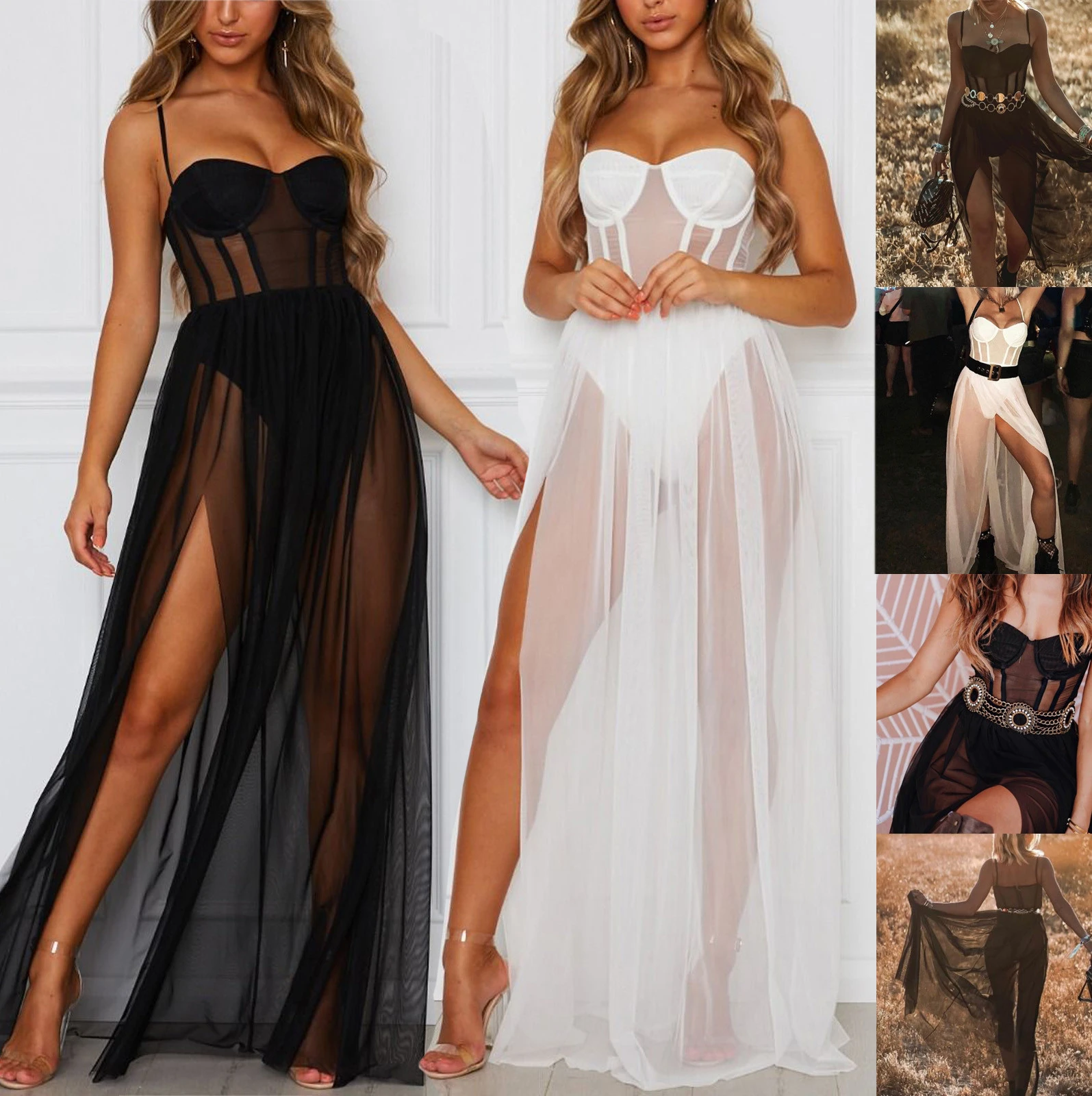 Lencería Sexy mujer, pijama blanco y negro, vestido de noche transparente de malla, disfraz de San Camisón con liga|Picardías y camisones| - AliExpress