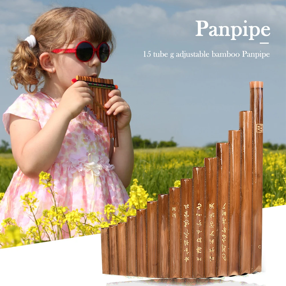 Pan Flute 15 Pipes Natural Bamboo Wind Instrument G Key Panpipe Chinese Traditional Woodwind Instrument with Cleaning Bar Bag