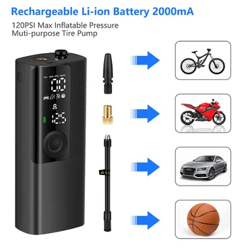 

Air Compressor Tire Inflator 120 PSI Electric Auto Pump for Car Motorcycle Bick Rechargeable 2000mAh Battery Digital LCD Gauge