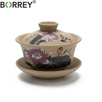 

BORREY Pottery Gaiwan Chinese Kung Fu Tea Set Ceramic Tea Cup With Saucers Lotus Bamboo Gaiwan Pu'er Teapot Travel Tea Sets