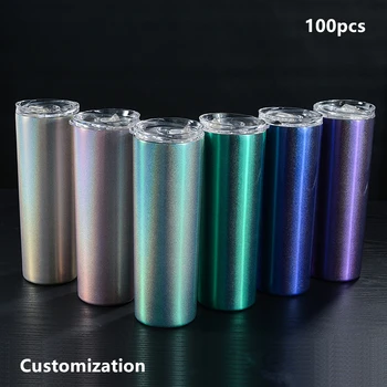 

Customization 100pcs/lot 20oz Glittering Skinny Mug Tumbler Stainless Steel 2 Wall Vacuum Insulated Straight Cup Bottle Glass
