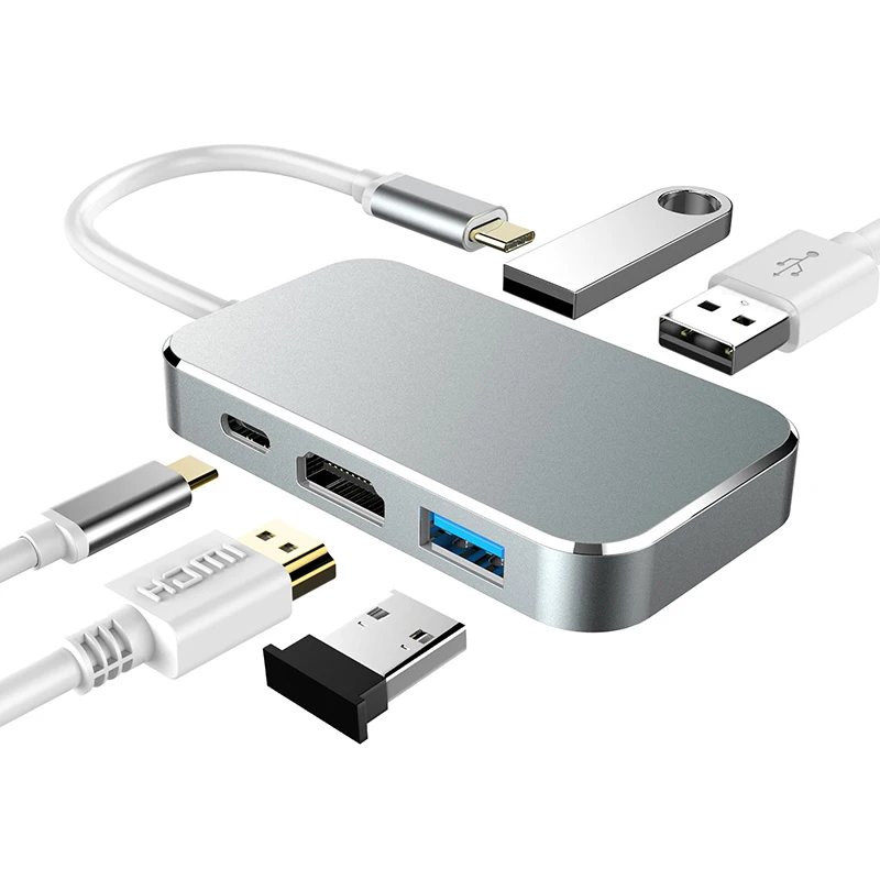 Тип с разъемами типа C и HDMI 4K концентратор USB-C Thunderbolt 3 к HDMI 2,0 4K концентратор usb 5 в 1 адаптер для Macbook pro Dell XPS 13 NS switch Galaxy S8 - Цвет: Silver
