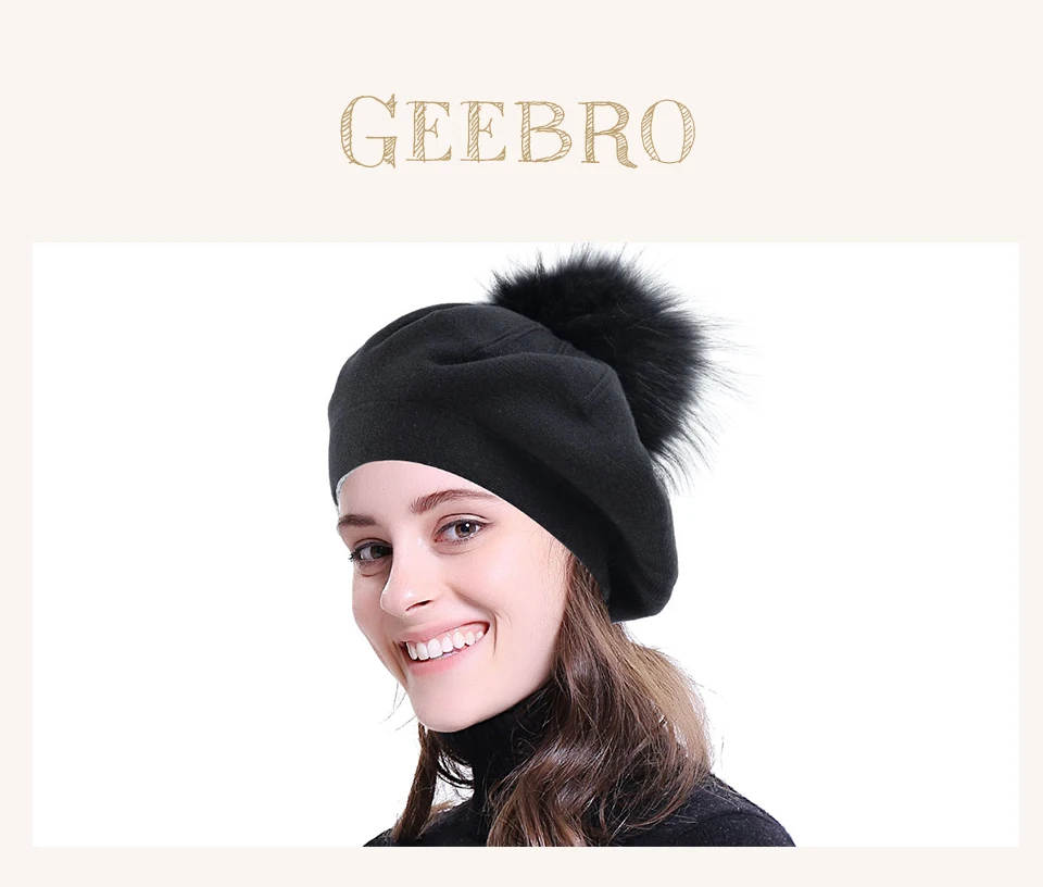 Geebro женские модные шерстяные береты с 15 см натуральным меховым помпоном, одноцветные громоздкие зимние шапки, шапки для девочек, женская шапка