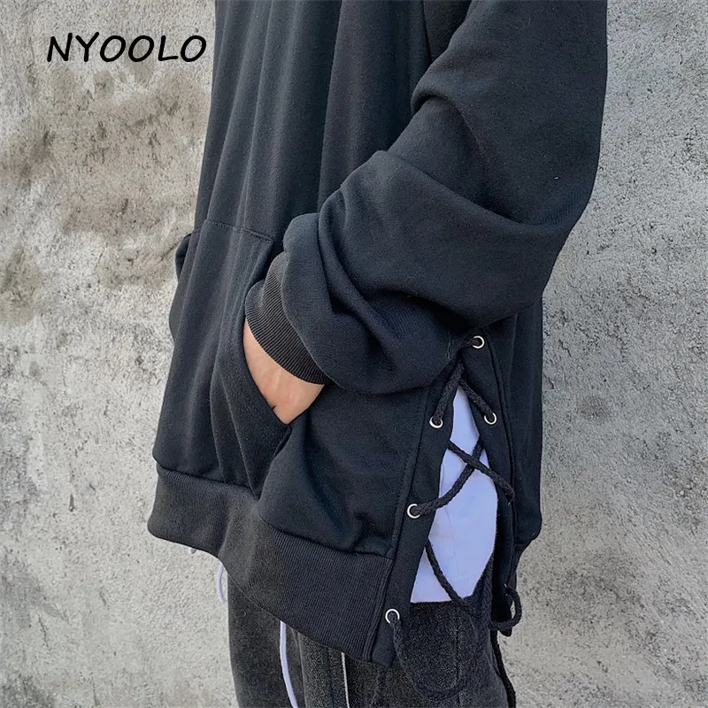 NYOOLO High street винтажные однотонные толстовки со шнуровкой осенние свободные пуловеры с длинными рукавами Толстовка с капюшоном для женщин Мужская одежда топы
