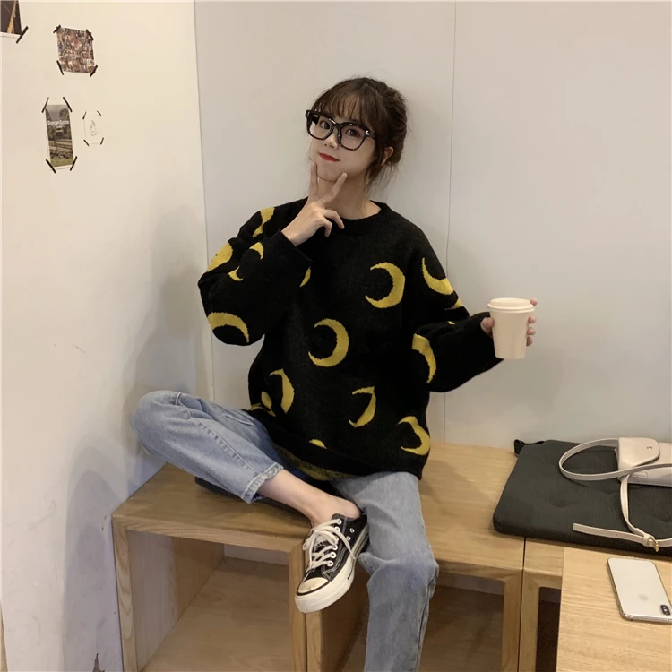 Neploe Pull Femme Новые повседневные джемперы с Луной для женщин милый трикотаж корейские свитера с длинными рукавами и пуловеры 54104