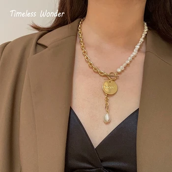 

Timeless Wonder Glam Baroque Pearl Hope Tag Necklace Women Jewelry Gothic Boho Designer Punk Trendy Japan Ins Top Rare New 1834