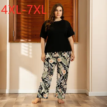 

New ladies summer plus size pajamas for women short sleeve loose black T-shirt and print pants home wear suit 4XL 5XL 6XL 7XL