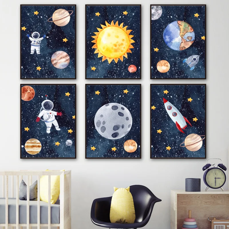 Kartun Astronot Matahari Bumi Bulan Bintang Roket Dinding Seni Lukisan Kanvas Nordic Poster Dan Cetakan Dinding Gambar Dekorasi Kamar Anak Painting Calligraphy Aliexpress