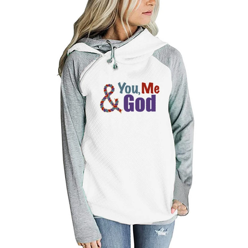You Me God Letters Print Zipper Decoration Hoodies For Women Jesus Bible Faith Sweatshirt Femmes Top Cotton Hoody Harajuku Girls