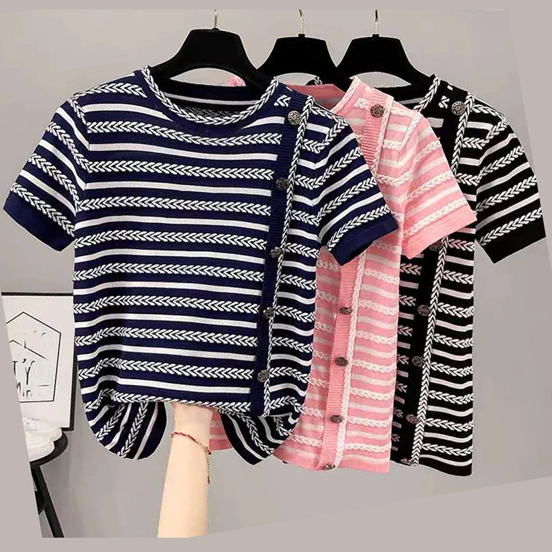 

Summer Women Sweater Thin Striped Sweaters Fashion O-Neck Short Sleeve Elasticity Women Clothes Loose Knitted Button Top Femme