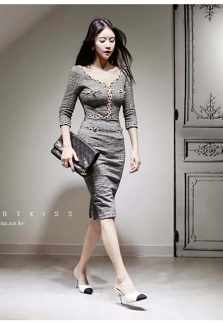 H Han queen сексуальное Ретро облегающее платье-футляр для женщин осень тонкая рабочая одежда платья корейский стиль 3/4 рукав Vestidos