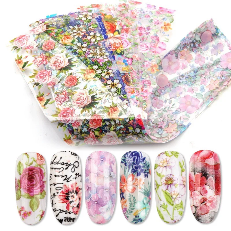 

12 PCS/Set Holographic Flower Foil Nail Art Foils Transfer Sticker Wraps Nail Rhinestones Decoration Adhesive Slider For Design