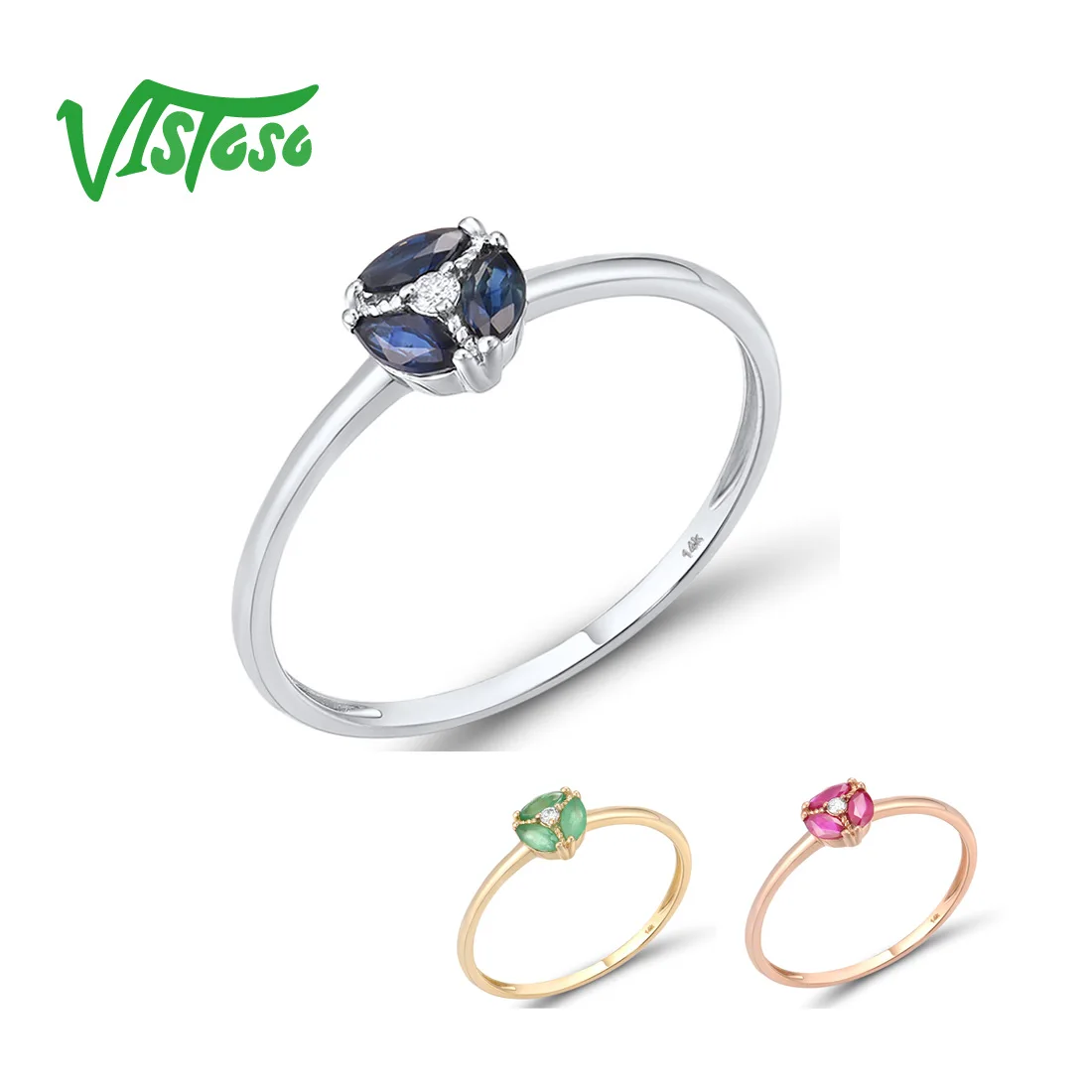 VISTOSO Gold Rings For Women Genuine 14K White Rose Yellow Blue Sapphire Ruby Emerald Diamond Ring Elegant Fine Jewelry | Украшения и