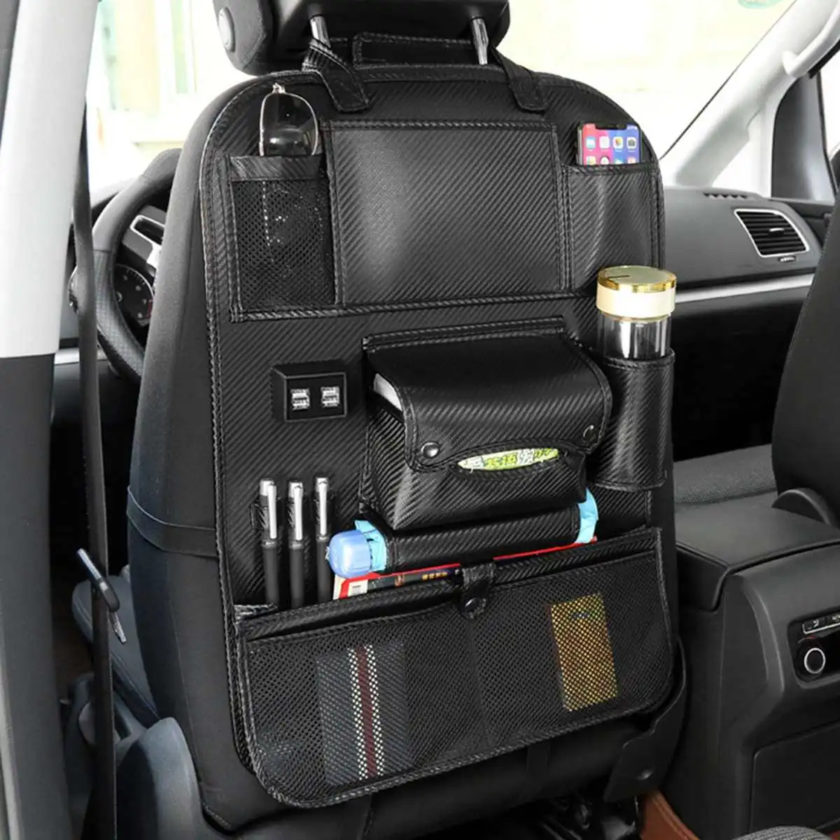 carbon 4 Usb зарядка Универсальная кожаная автомобильная сумка для хранения на спинку сиденья складной органайзер мульти карманы сумка для Ipad держатель Прочный для Toyota - Название цвета: carbon