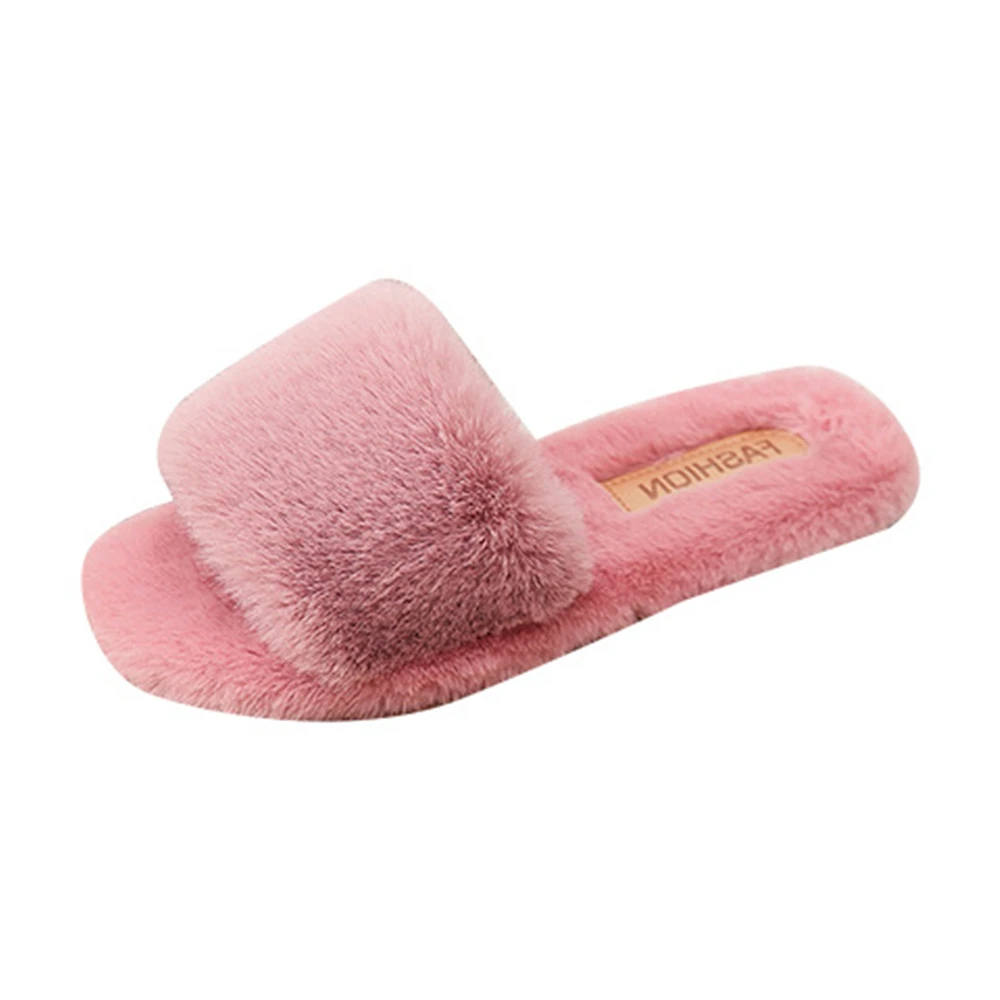 2023 Winter Women Furry Slippers Soft Plush Faux Fur Floor Shoes Indoor Ladies Warm Home Slippers Open Toe Fluffy House Slides 5