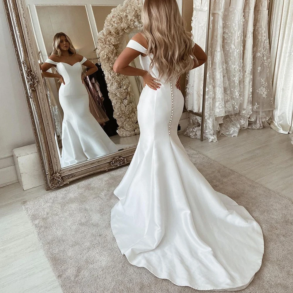 

Elegant Ivory Mermaid Wedding Dresses Sweetheart Off Shoulder Satin Wedding Gown Simple vestidos de novia свадебное платье 2021